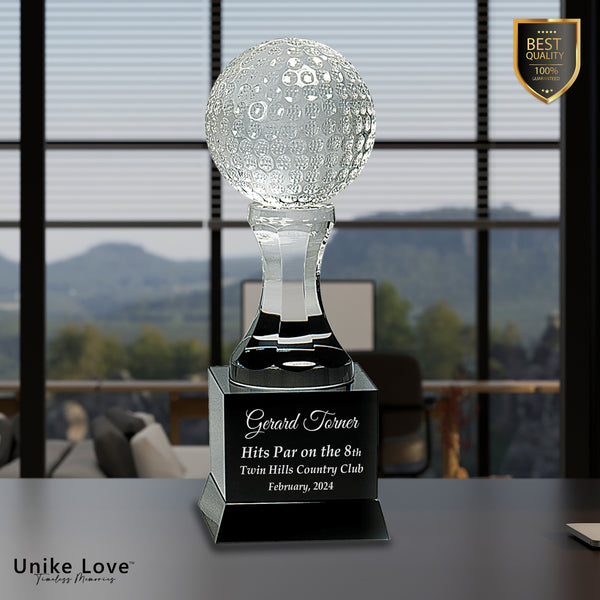 9" Crystal Golf Ball on Black Pedestal Base