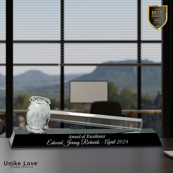 13 7/8" x 4 1/4" Crystal Gavel on Black Base