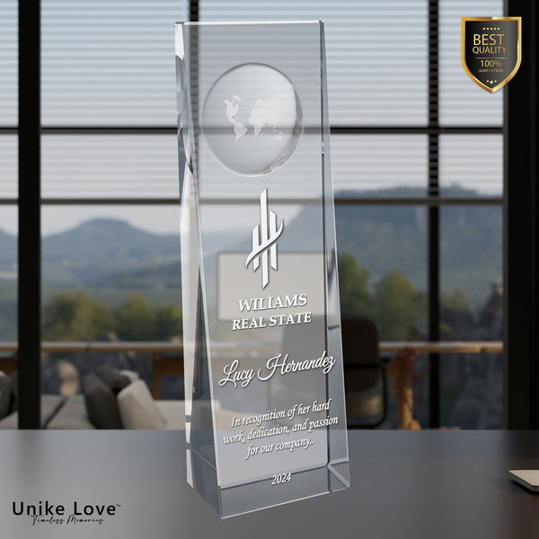 2 3/4" x 8 3/4" Clear Crystal Slant Front Rectangle with Engraved Globe