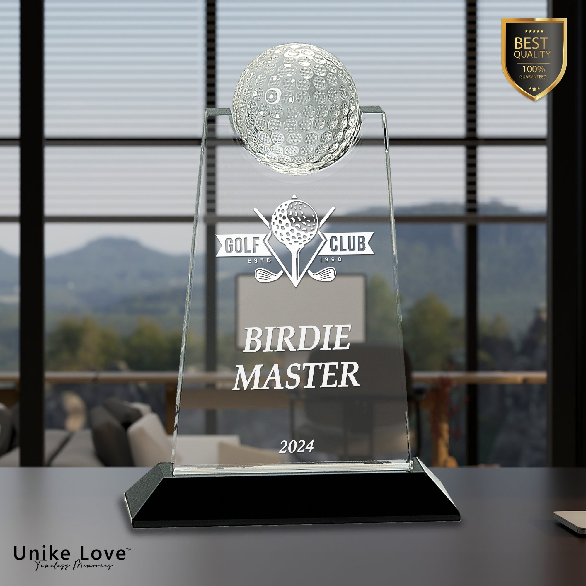 9" Clear Crystal Tablet with Inset Golf Ball on Black Pedestal Base