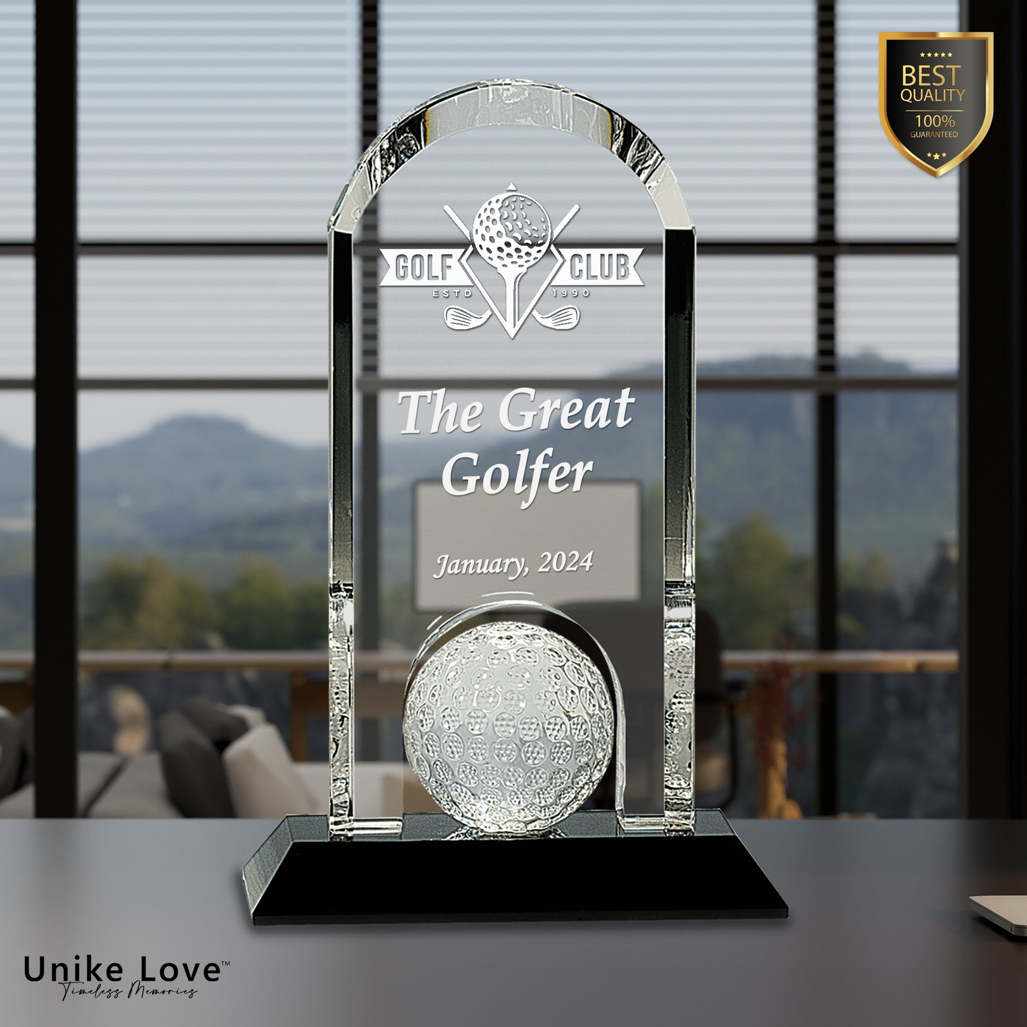 9" Clear Crystal Dome with Inset Golf Ball on Black Pedestal Base