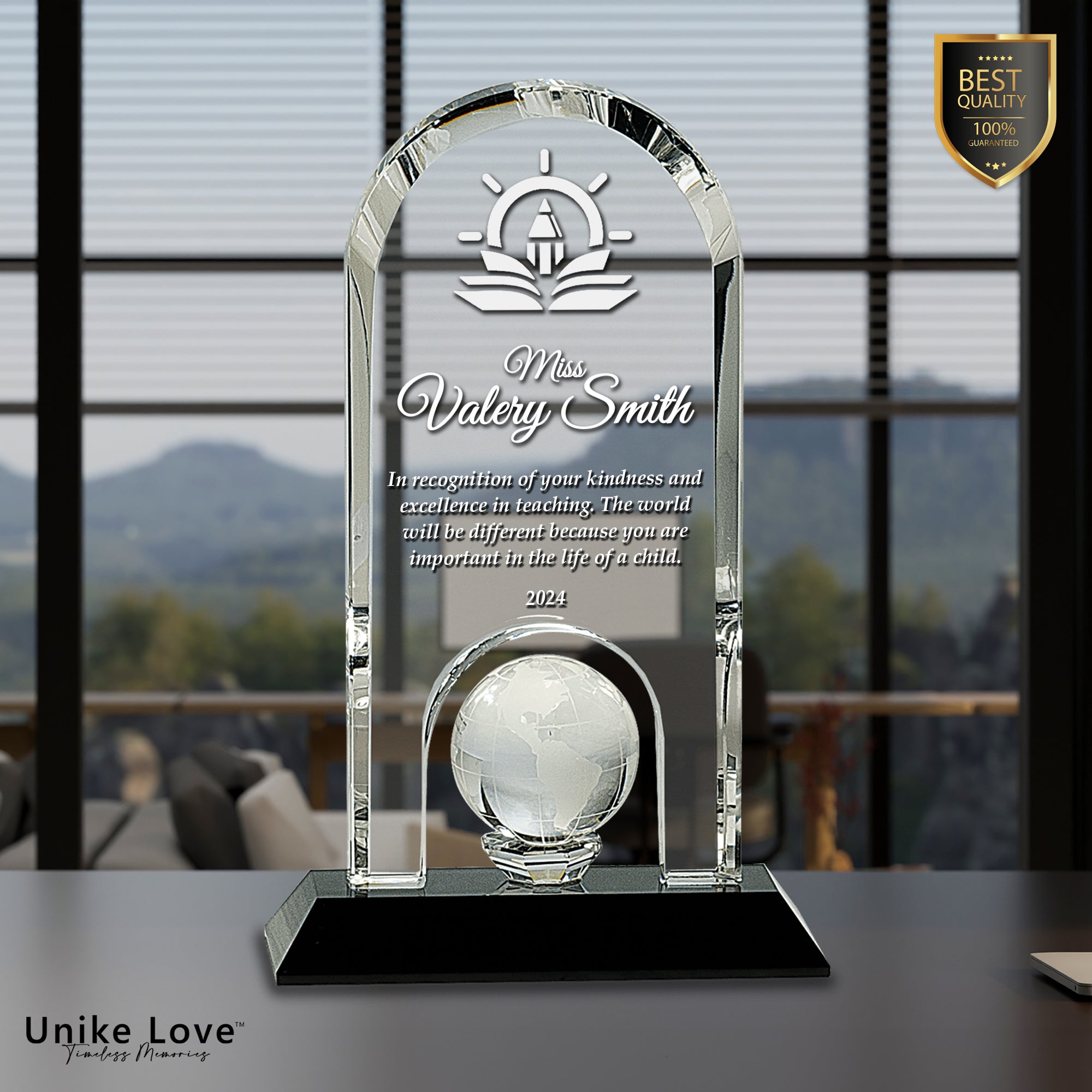 8 3/4" Clear Crystal Dome with Inset Globe on Black Pedestal Base
