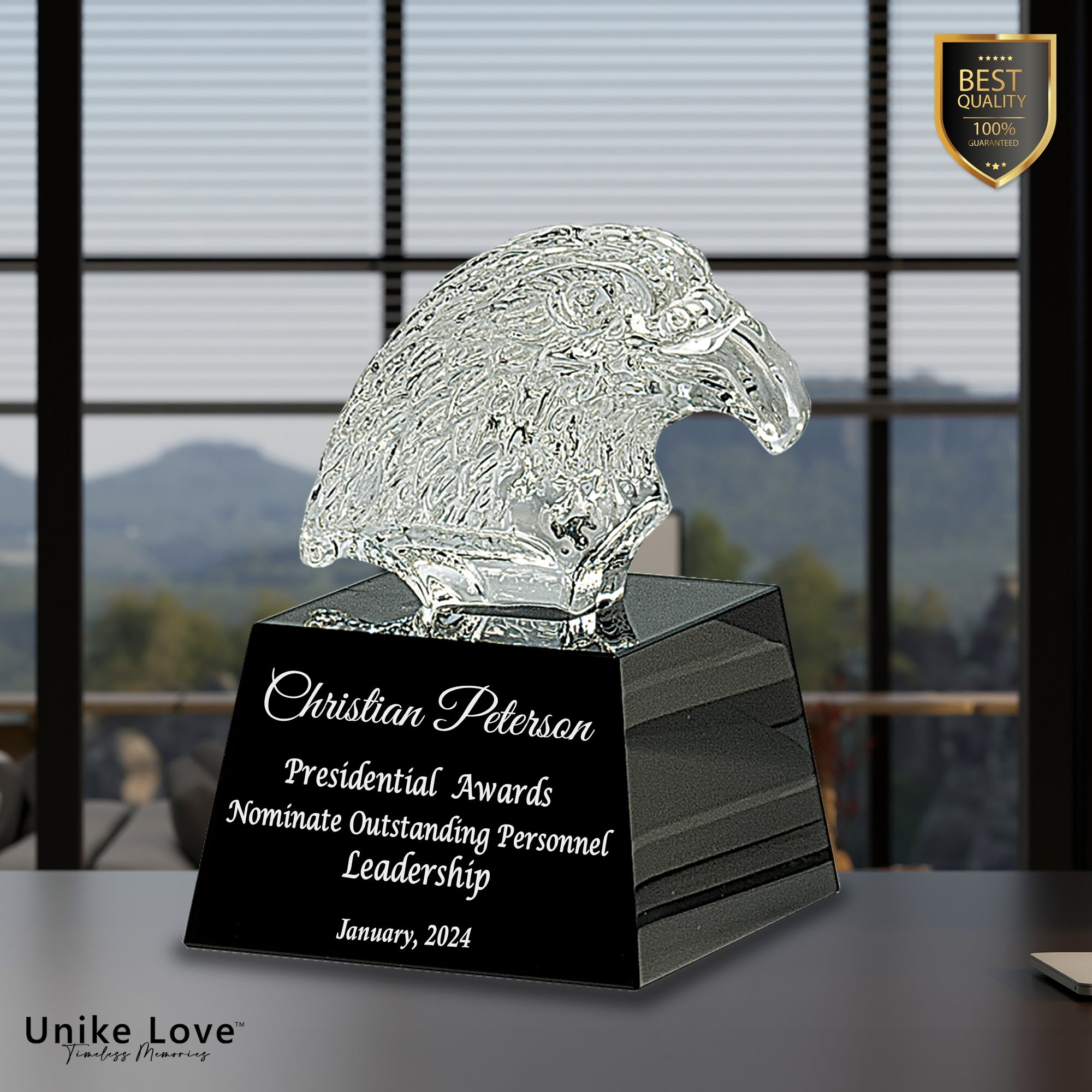 5 3/4" Clear Crystal Eagle Head on Black Pedestal Base