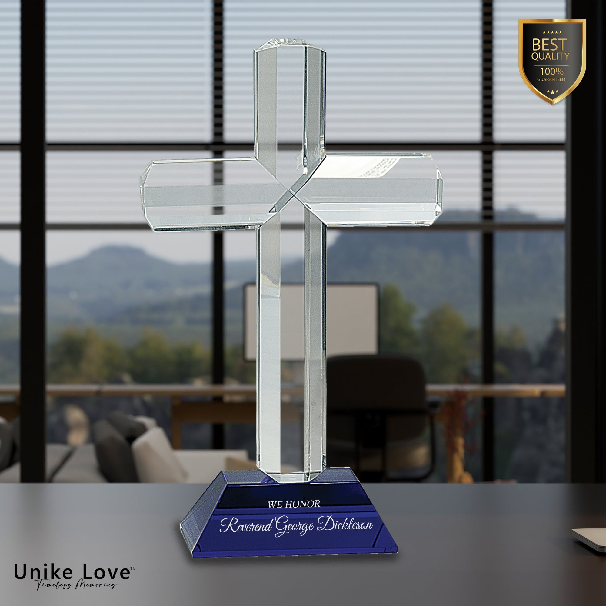 8 1/2" Crystal Cross on Blue Pedestal Base