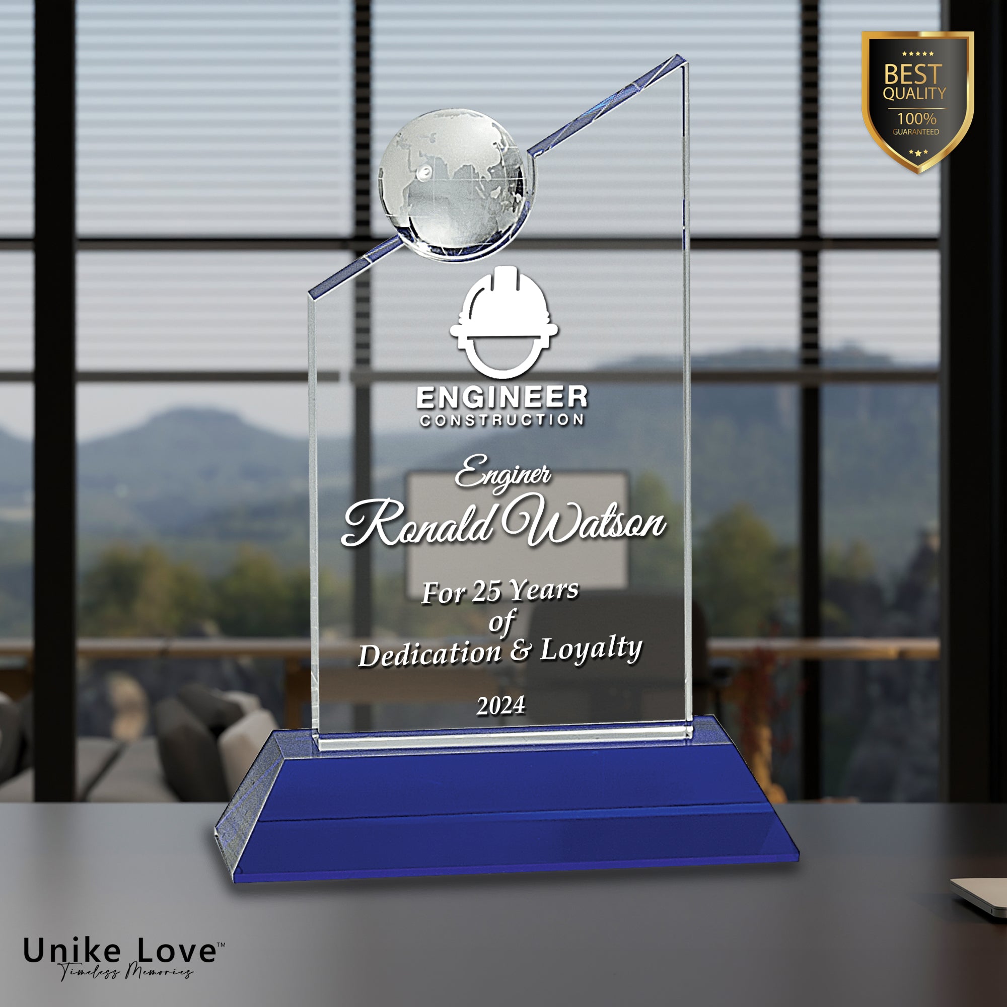 8 1/4" Clear Crystal with Inset Crystal Globe and Blue Base