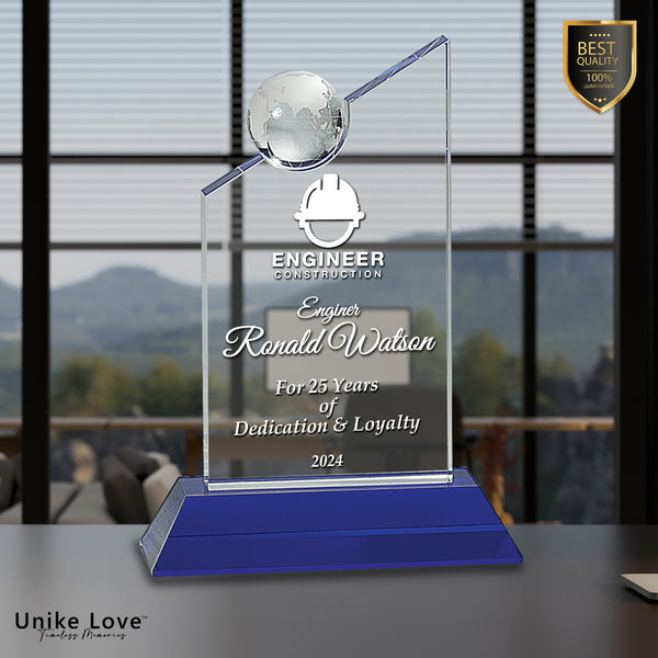8 1/4" Clear Crystal with Inset Crystal Globe and Blue Base