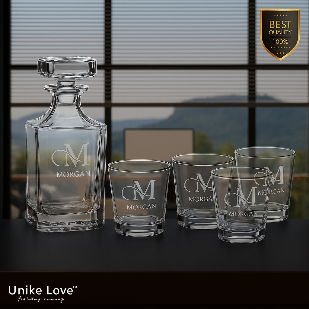 Customized Whiskey Set 750mL Square Glass Decanter Set with Four 11 oz. Rocks Glasses