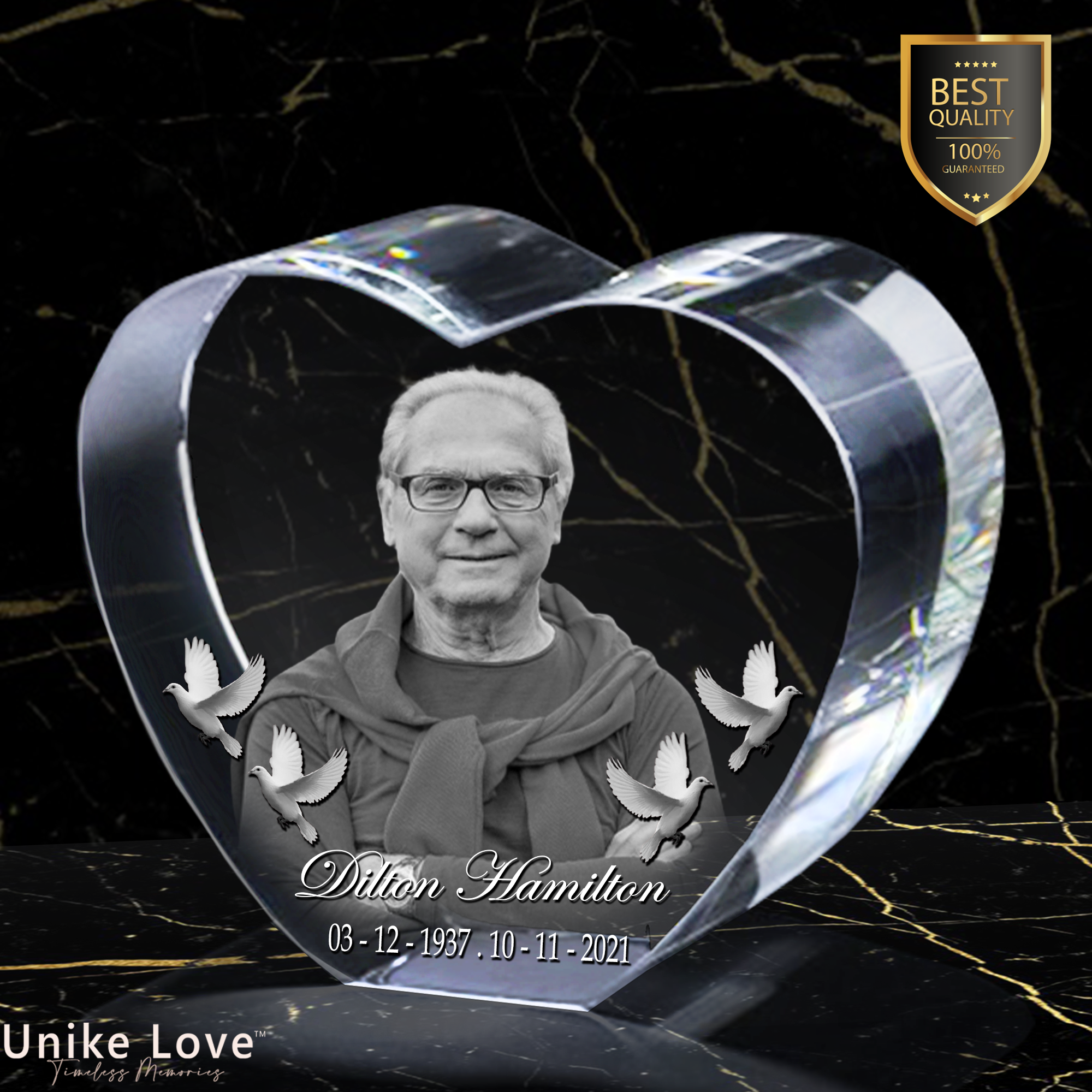 Memorial Gift | 3D Photo Crystal Heart | Personalized Laser Engraving.