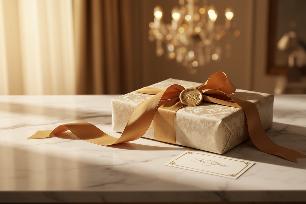 Elegant gold-ribboned luxury personalized gift on marble surface with warm chandelier lighting