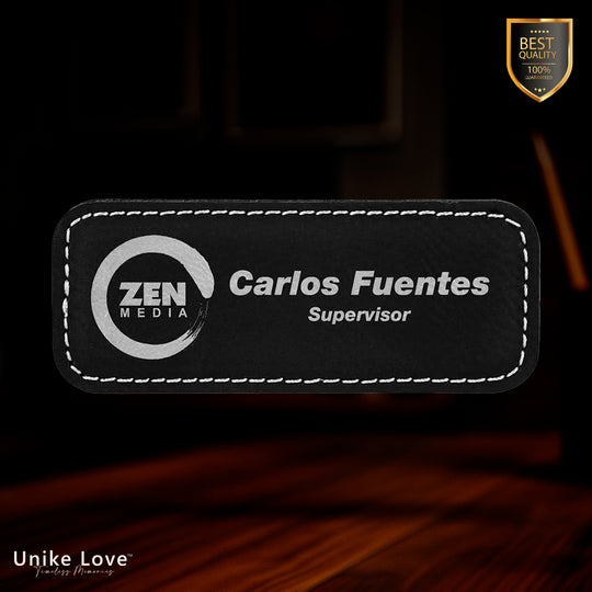 3 1/4" x 1 1/4" Black/Silver Laserable Leatherette Badge Blank with Magnet