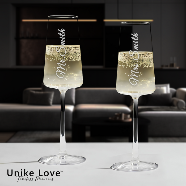 Personalized Etched Champagne Glass (Set of two) | Custom Engraving for Wedding and Champagne Lovers