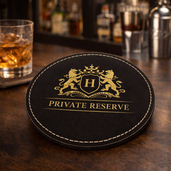 4" Round Black/Gold Laserable Leatherette Coaster