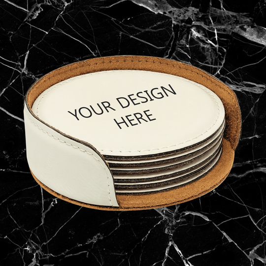 4" White Round Laserable Leatherette 6-Coaster Set