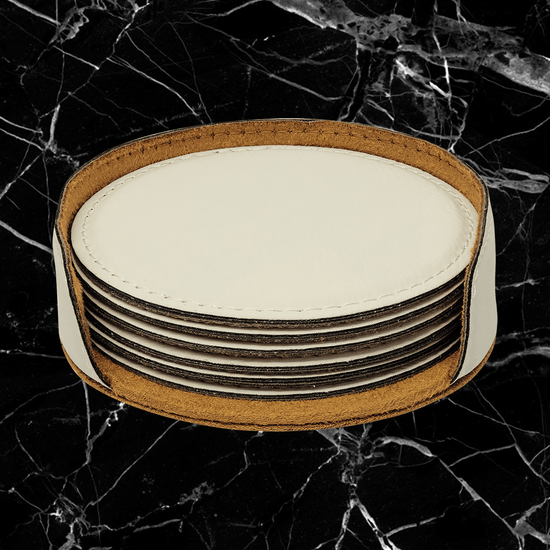 4" White Round Laserable Leatherette 6-Coaster Set