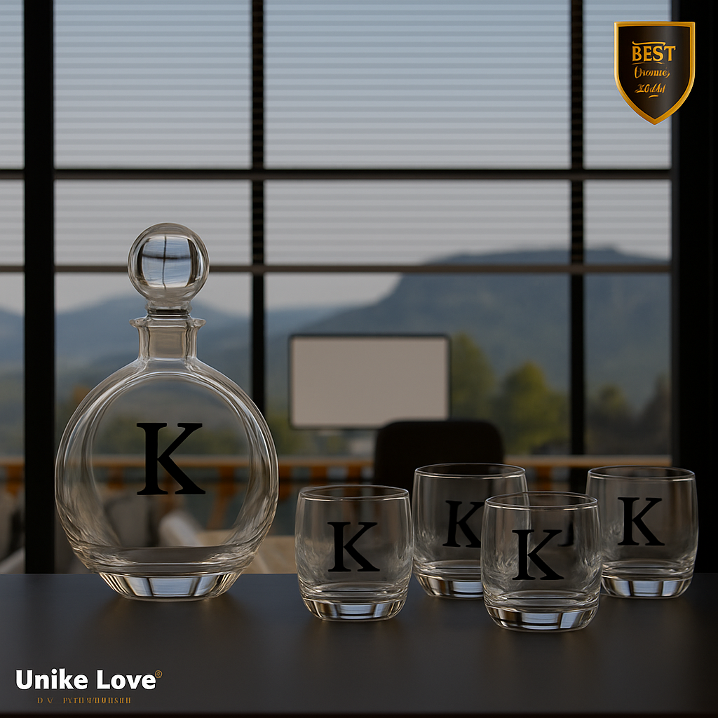 Customized Whiskey Set 750mL Flat Round Glass Decanter Set with Four 10 oz. Rocks Glassess