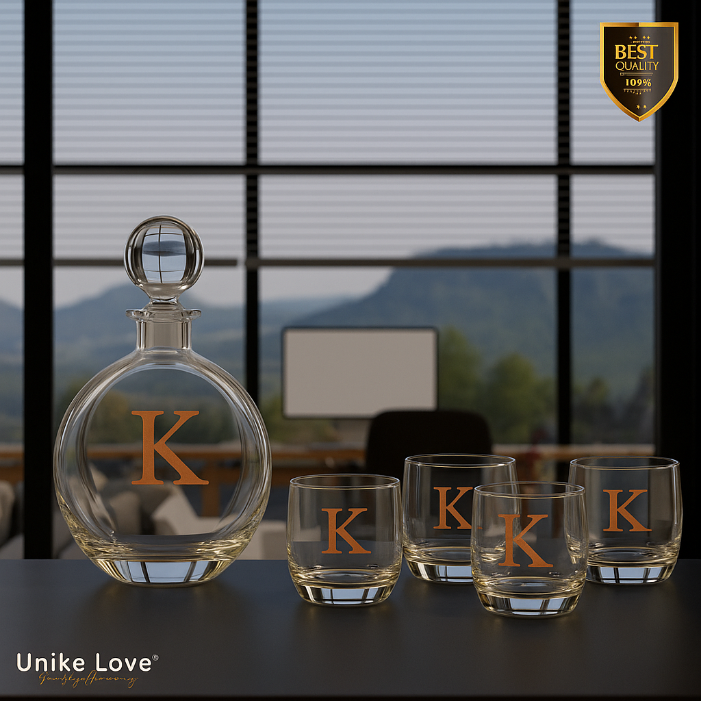 Customized Whiskey Set 750mL Flat Round Glass Decanter Set with Four 10 oz. Rocks Glassess