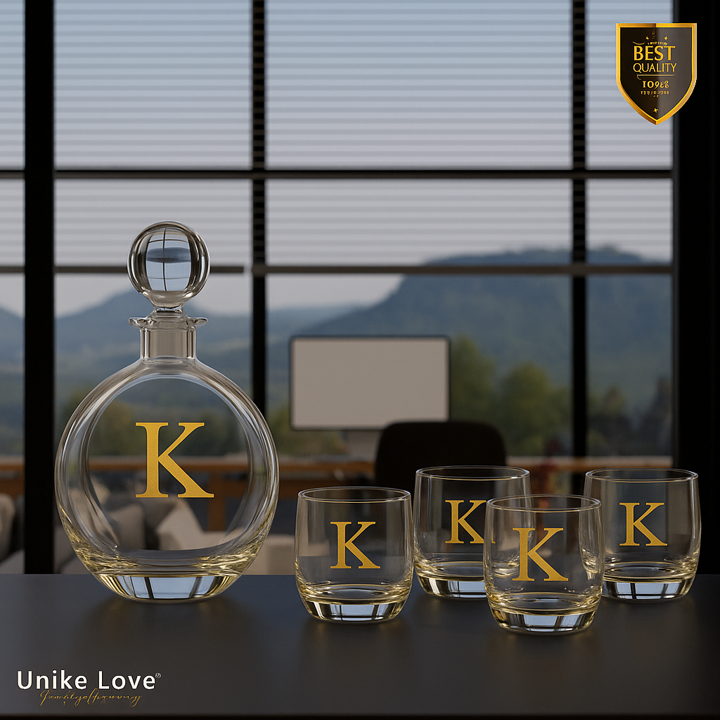 Customized Whiskey Set 750mL Flat Round Glass Decanter Set with Four 10 oz. Rocks Glassess