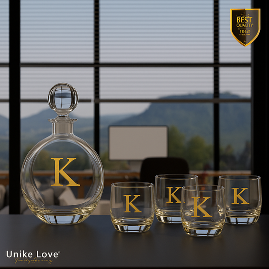Customized Whiskey Set 750mL Flat Round Glass Decanter Set with Four 10 oz. Rocks Glassess