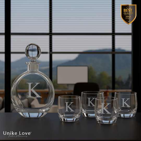 Customized Whiskey Set 750mL Flat Round Glass Decanter Set with Four 10 oz. Rocks Glassess