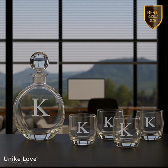Customized Whiskey Set 750mL Flat Round Glass Decanter Set with Four 10 oz. Rocks Glassess