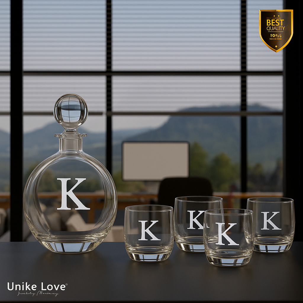 Customized Whiskey Set 750mL Flat Round Glass Decanter Set with Four 10 oz. Rocks Glassess