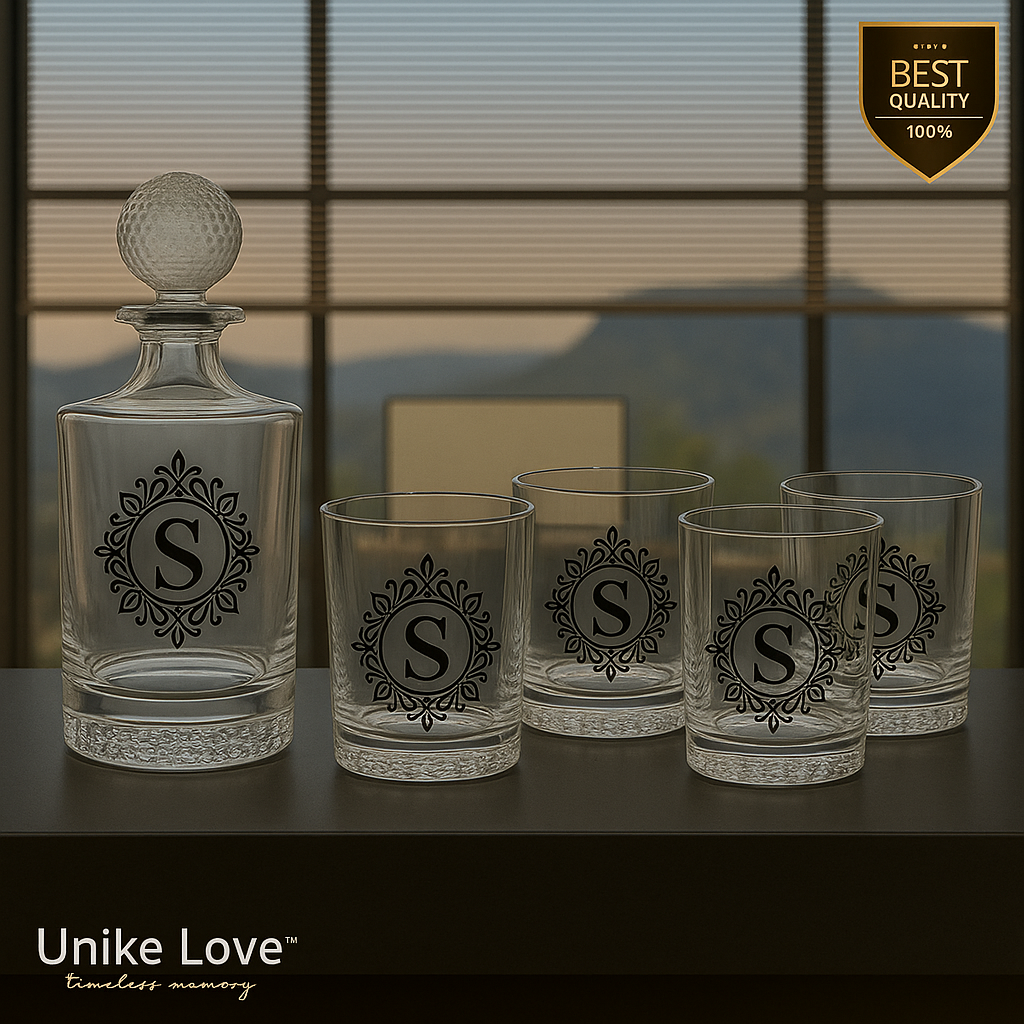 Customized Whiskey Set 850mL Round Golf Glass Decanter Set with Four 9 oz. Rocks Glassess