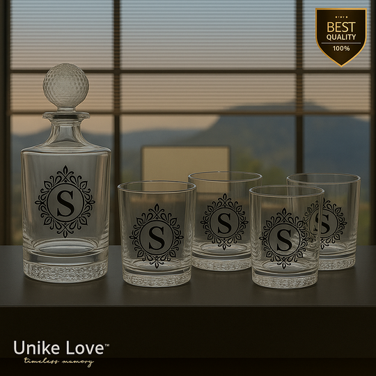 Customized Whiskey Set 850mL Round Golf Glass Decanter Set with Four 9 oz. Rocks Glassess