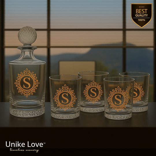 Customized Whiskey Set 850mL Round Golf Glass Decanter Set with Four 9 oz. Rocks Glassess