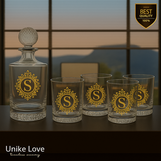 Customized Whiskey Set 850mL Round Golf Glass Decanter Set with Four 9 oz. Rocks Glassess