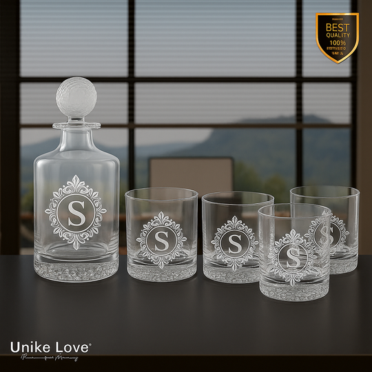 Customized Whiskey Set 850mL Round Golf Glass Decanter Set with Four 9 oz. Rocks Glassess