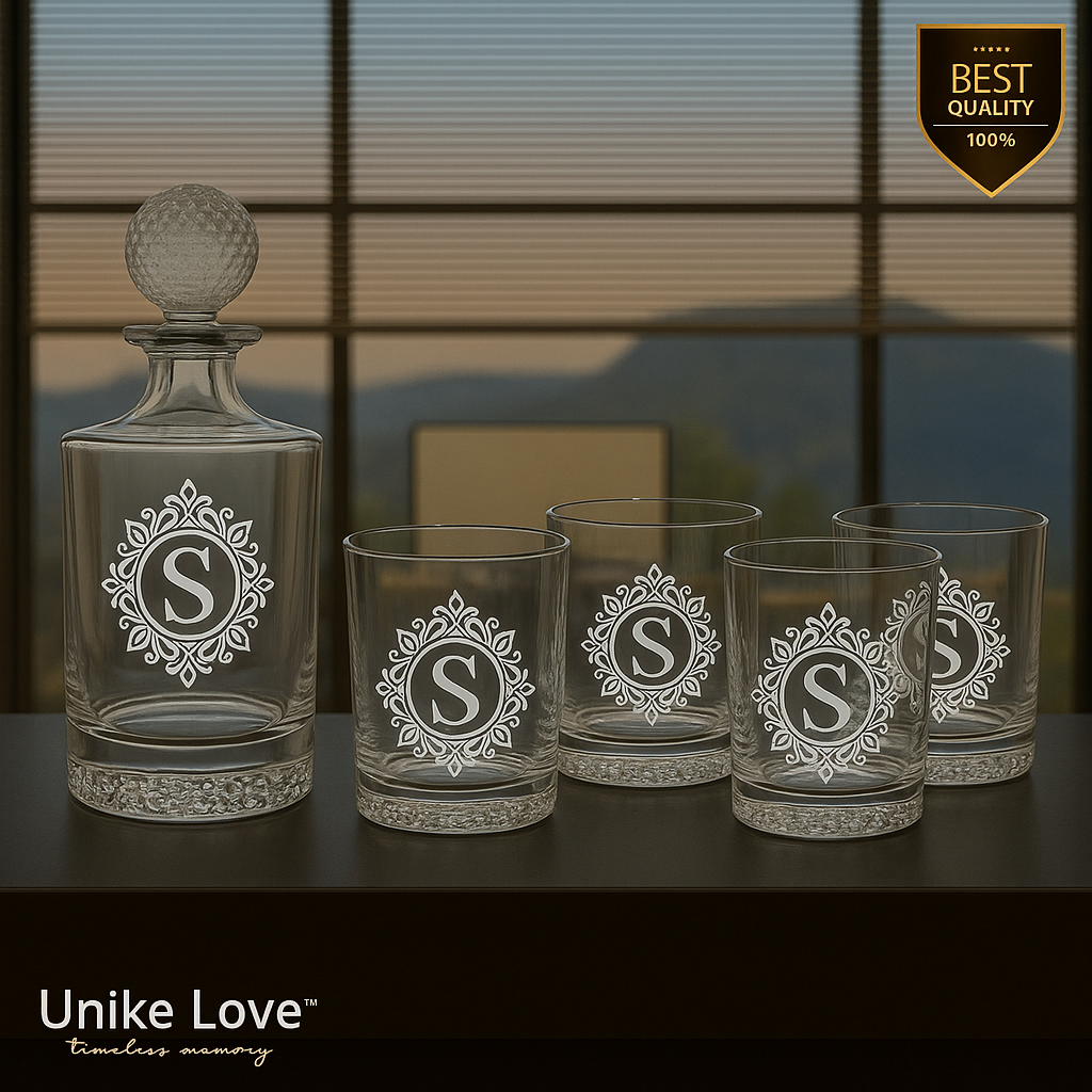 Customized Whiskey Set 850mL Round Golf Glass Decanter Set with Four 9 oz. Rocks Glassess