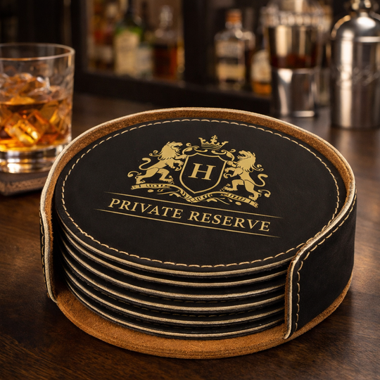 4" Black/Gold Round Laserable Leatherette 6-Coaster Set