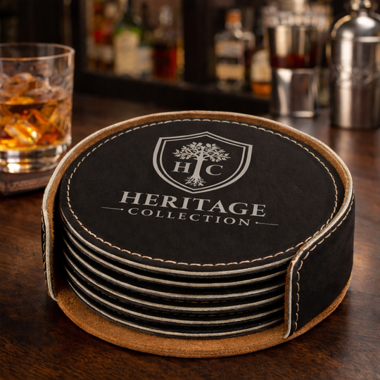 4" Black/Silver Round Laserable Leatherette 6-Coaster Set