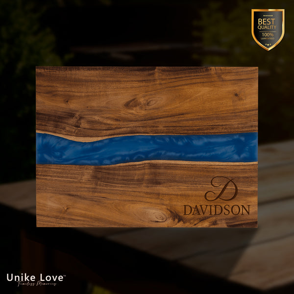15 3/4" x 11 3/4" Acacia with Blue Pearl Resin Serving Board