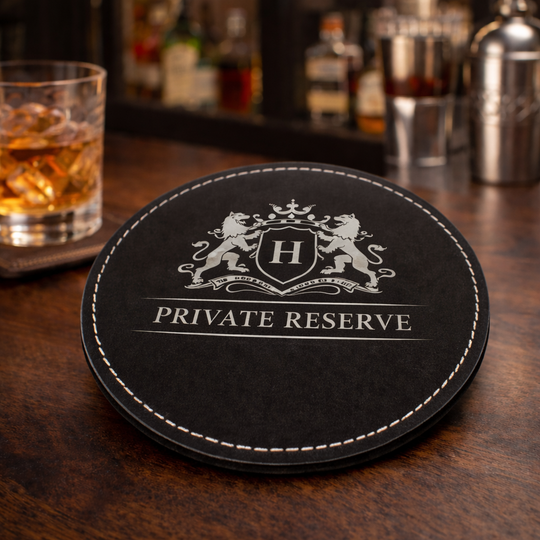 4" Round Black/Silver Laserable Leatherette Coaster