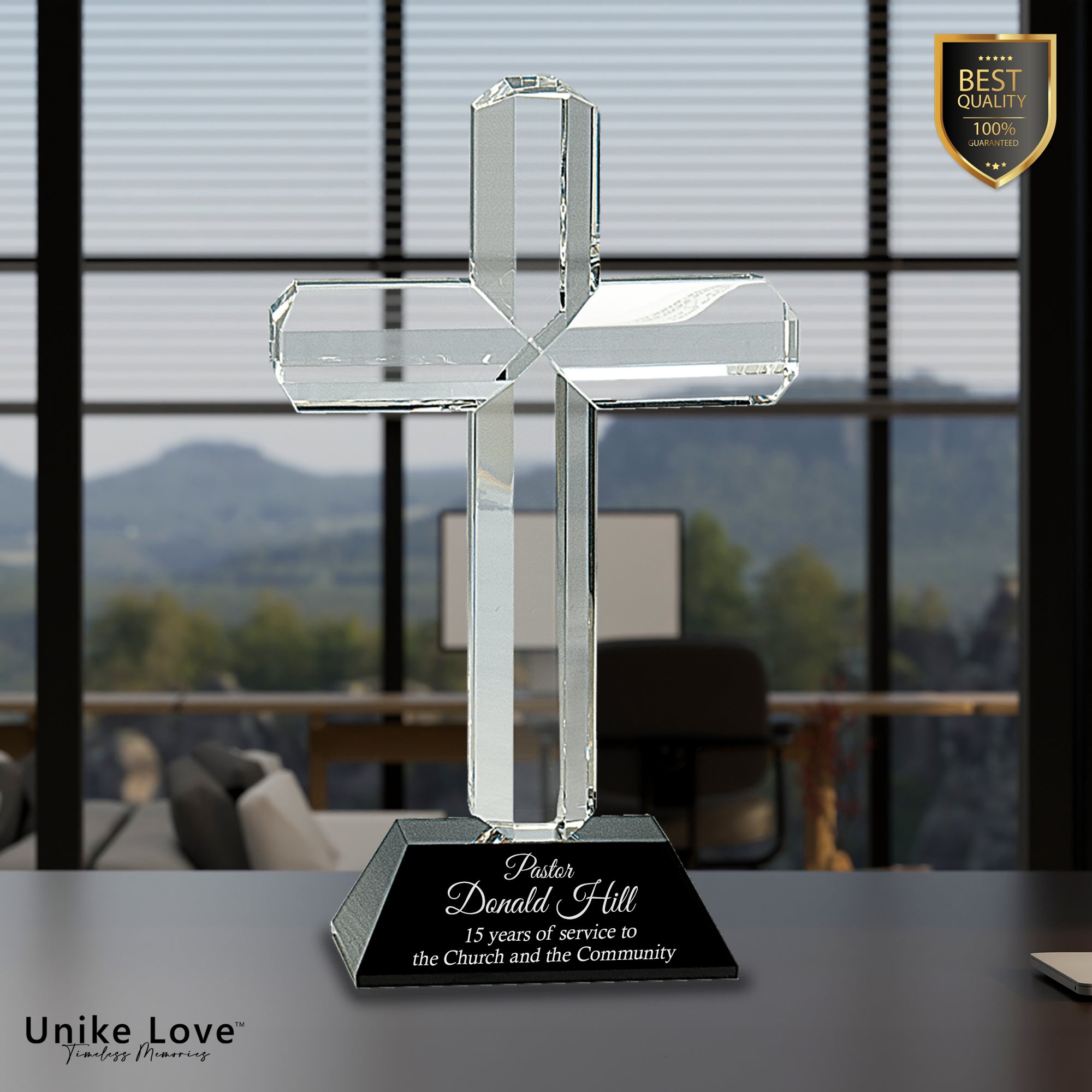8 1/2" Crystal Cross on Black Pedestal Base