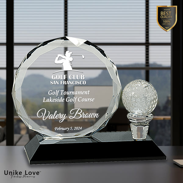 Round Facet Crystal with Golf Ball on Black Pedestal Base