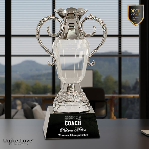 Crystal Cup with Silver Metal Handles on Black Pedestal Base