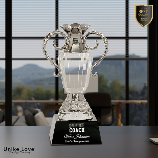 Crystal Cup with Silver Metal Handles on Black Pedestal Base