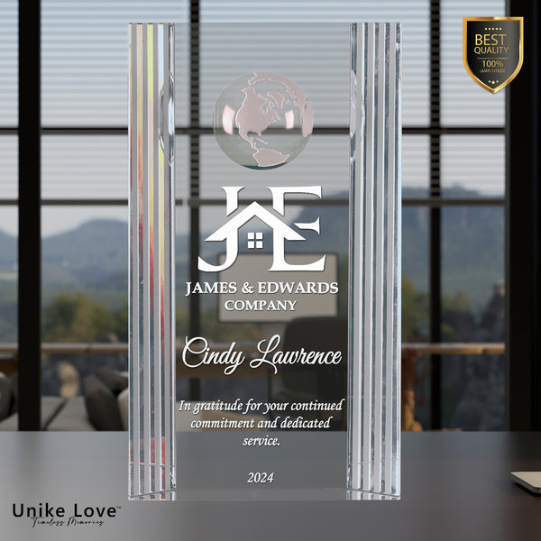 Clear Crystal Rectangle with Globe Etching