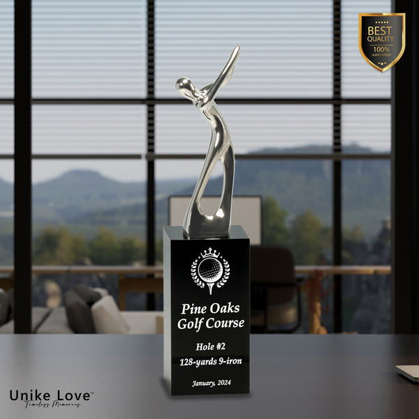 Silver Metal Golf Figure on Black Crystal Pedestal
