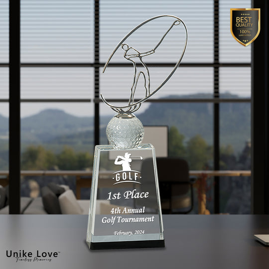 Clear/Black Crystal Golf Award with Silver Metal Oval Figure