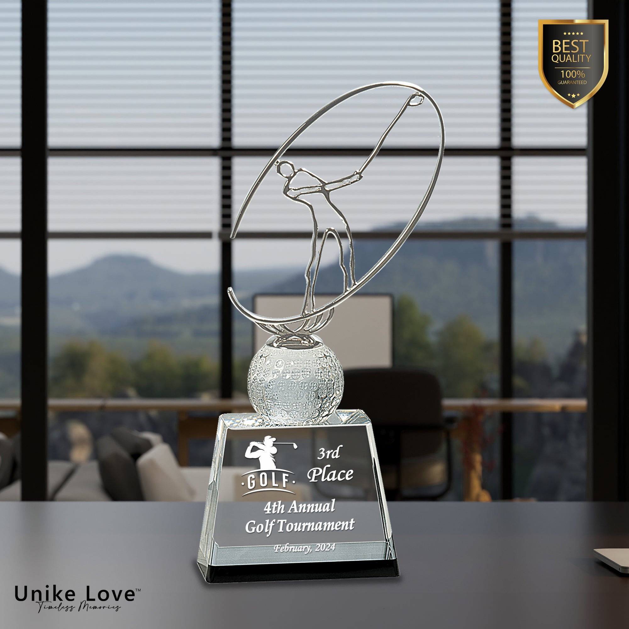 Clear/Black Crystal Golf Award with Silver Metal Oval Figure