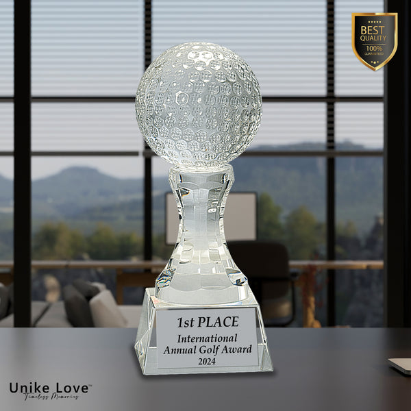 7 3/4" Crystal Golf Ball on Clear Pedestal Base