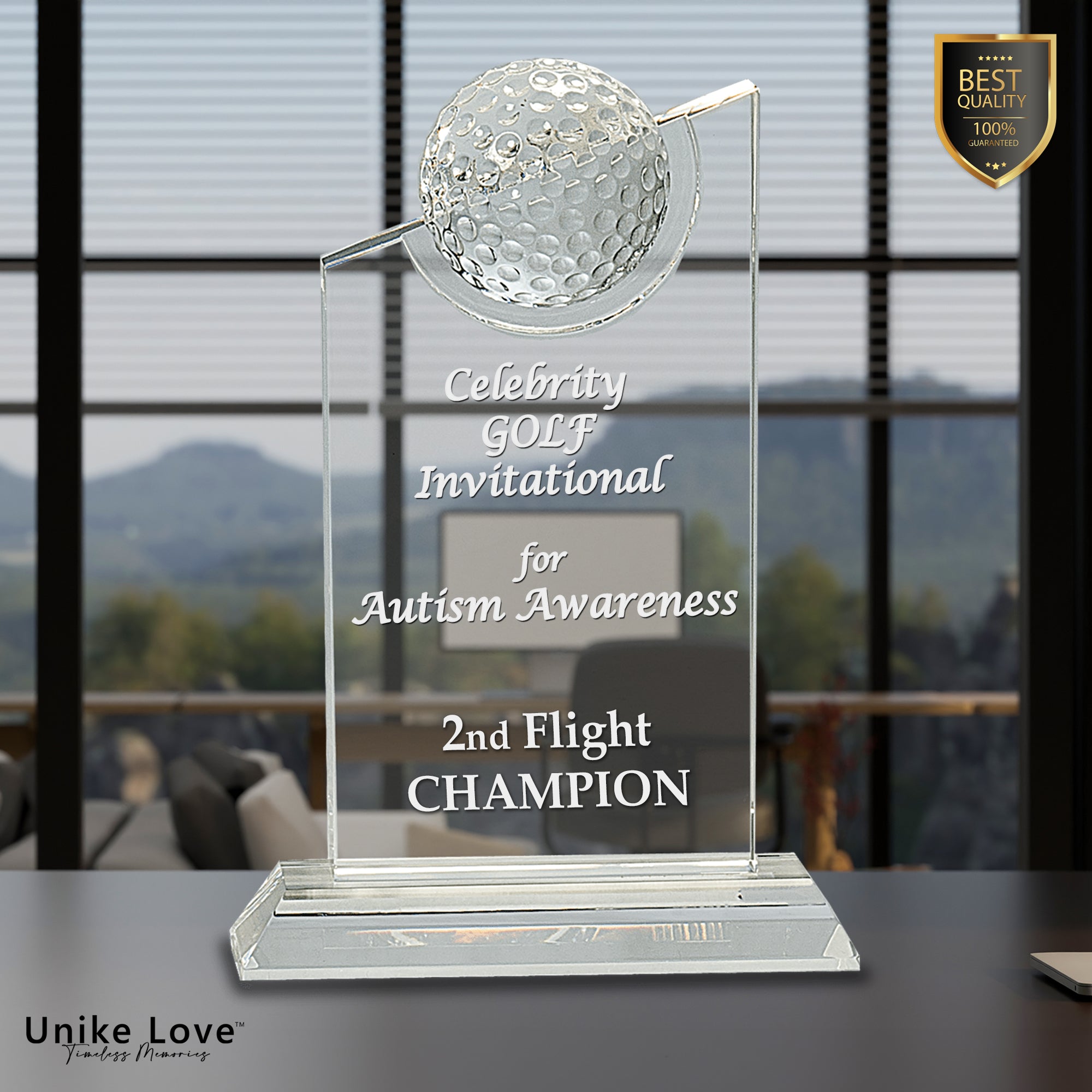 8" Clear Crystal with Inset Crystal Golf Ball on Clear Base