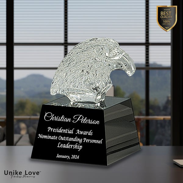 5 3/4" Clear Crystal Eagle Head on Black Pedestal Base
