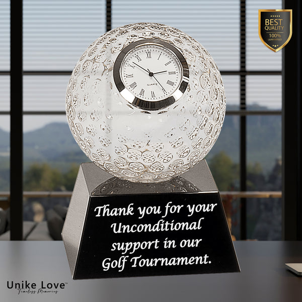5" Clear Crystal Golf Ball Clock with Black Pedestal Base