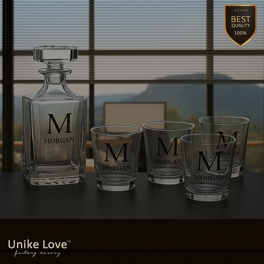 Customized Whiskey Set 750mL Square Glass Decanter Set with Four 11 oz. Rocks Glasses