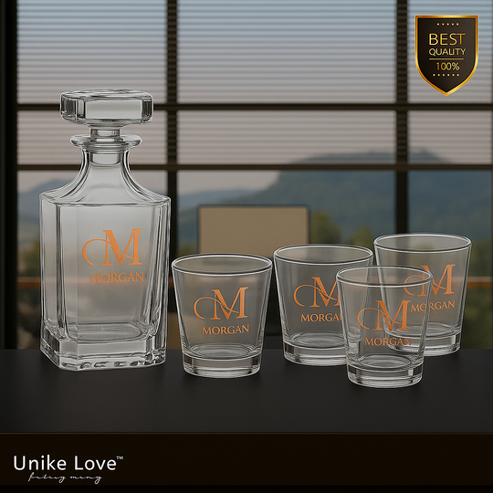 Customized Whiskey Set 750mL Square Glass Decanter Set with Four 11 oz. Rocks Glasses