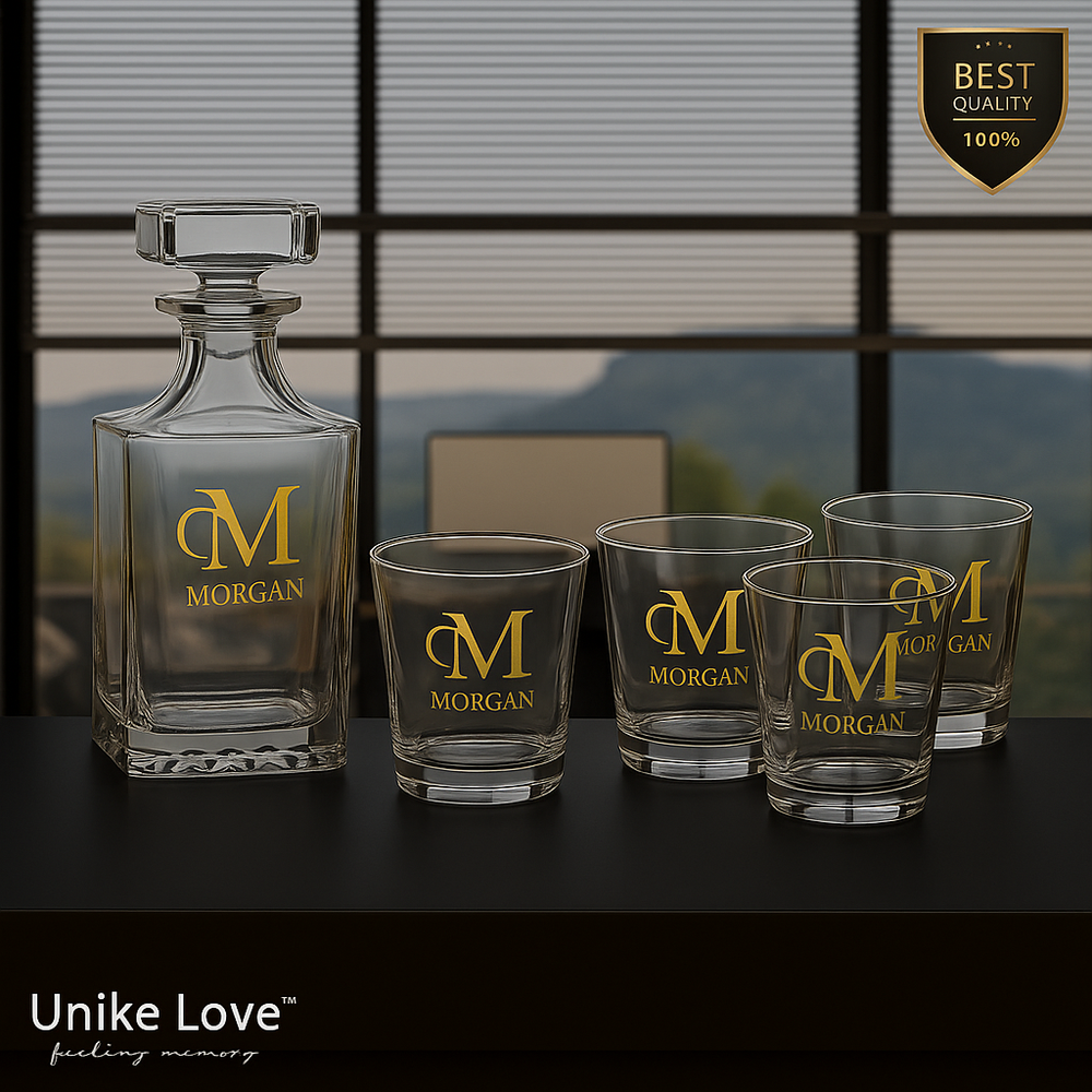 Customized Whiskey Set 750mL Square Glass Decanter Set with Four 11 oz. Rocks Glasses
